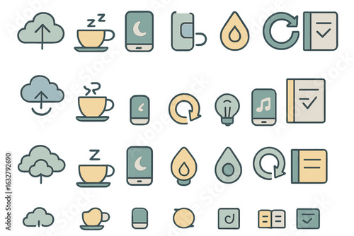 Collection of minimalistic icons representing technology, nature, and daily activities on a light background