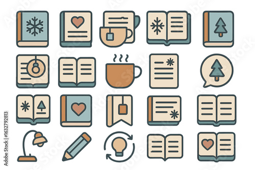 Collection of illustrated icons representing winter, cozy reading, and creative activities in a minimalistic style
