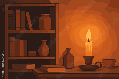 Warm candlelight illuminates a cozy workspace with books and glass jars in a softly lit room
