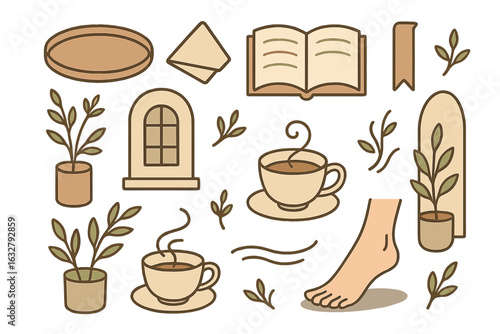 Cozy afternoon vibes with tea, books, and nature-themed decor in a relaxing indoor setting