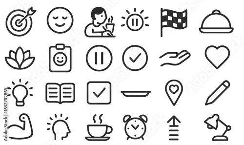 Diverse collection of simple line icons representing various activities and concepts in a minimalist style