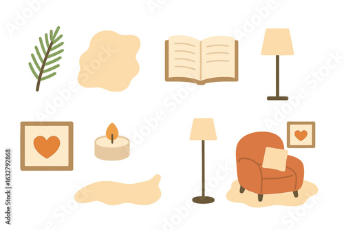 Cozy living room decor elements featuring a chair, lamp, candle, and framed art in a warm color palette