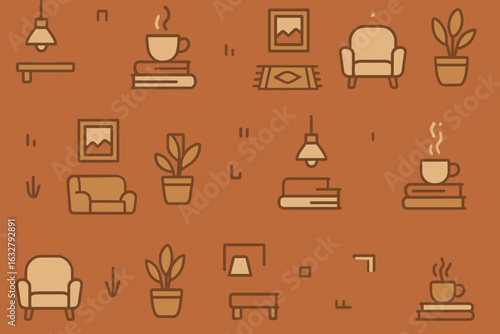 Cozy living room elements illustrated with plants, books, and comfortable seating in warm tones