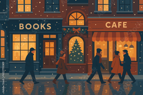 Winter evening stroll through a charming street filled with cozy cafes and a bookstore adorned with festive decorations