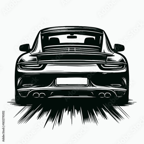 Rear view of a sports car in black and white sketch