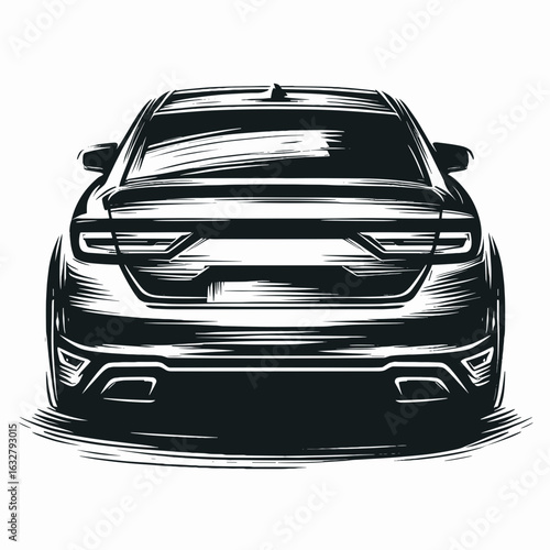 Rear view of a sports car in black and white sketch
