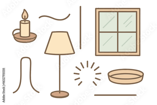 Cozy elements of a serene room with candle, lamp, and window during daylight