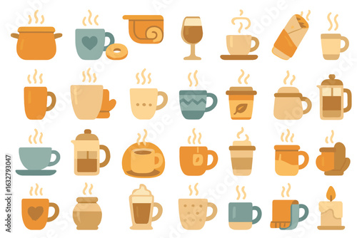 Collection of various warm beverages and cups in a cozy illustration featuring diverse drink styles and designs