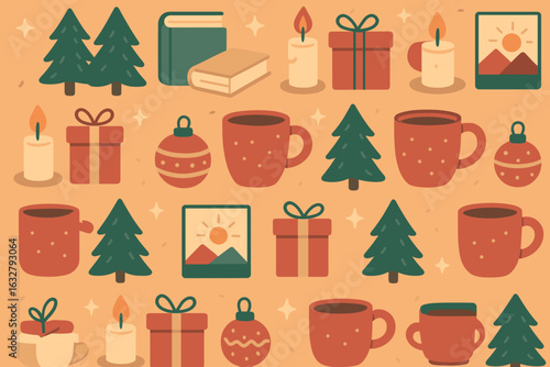 Winter holiday pattern with trees, gifts, candles, and mugs celebrating the cozy season in a festive design