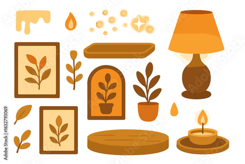 Colorful illustration featuring home decor items with plants, warm colors, and cozy ambiance for interior design inspiration