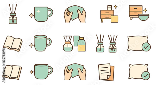 Creative home organizing activities featuring various icons representing cleaning, comfort, and relaxation practices