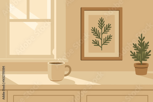 Cozy morning scene with a cup of coffee and a green plant in a sunlit interior setting