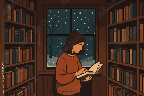Cozy winter evening reading in a warm library surrounded by books and snowfall