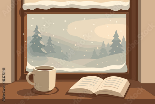 Peaceful winter scene with steaming coffee and open book on windowsill overlooking snowy landscape with pine trees