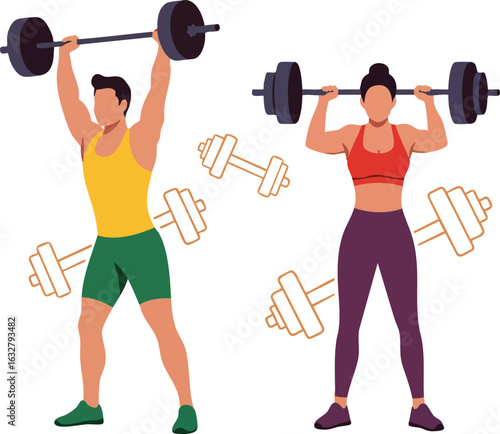 Man and woman lifting barbells in gym workout strength training fitness vector illustration 