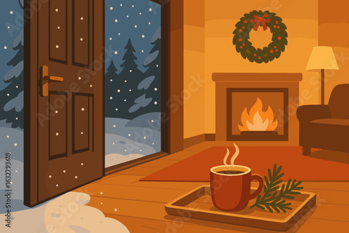 Warm winter evening by the fireplace with snow falling outside while enjoying a hot drink in a cozy interior