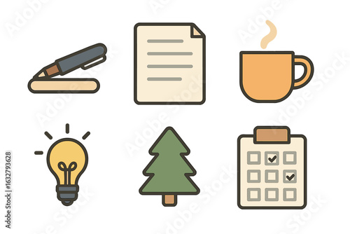Creative workspace elements including a pen, notepad, coffee mug, light bulb, tree, and checklist for productivity