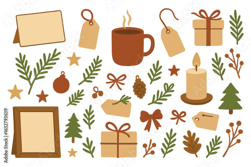 Warm holiday decorations and cozy elements create a festive atmosphere with gifts, greenery, and seasonal touches
