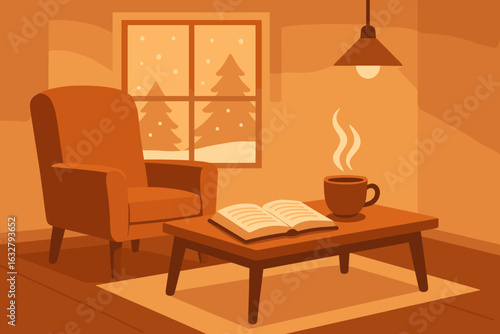 Cozy winter living room with a warm cup of coffee and an open book by the window