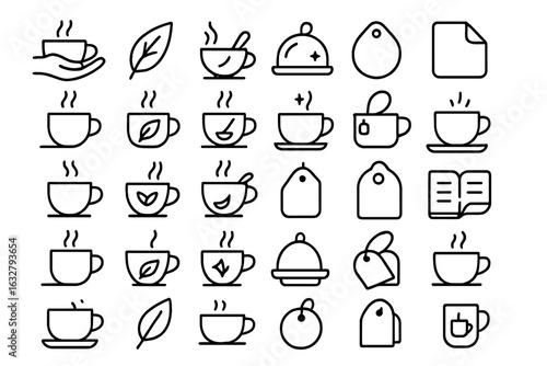 Various line art illustrations of cups, leaves, and kitchen items represent a cozy beverage theme in a minimalistic style