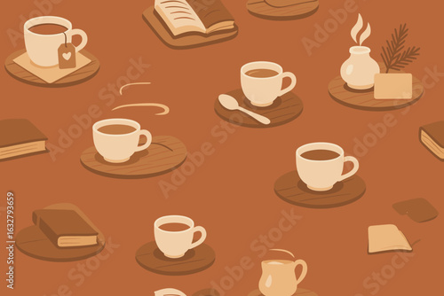 Cozy coffee break with cups, books, and warm ambiance in a rustic setting