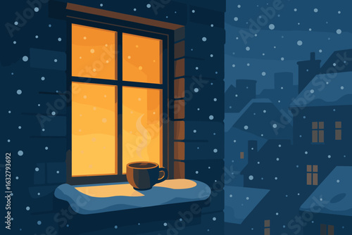 Cozy winter evening with a warm drink on the windowsill in a snowy town setting at night