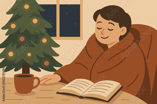 Cozy evening by the Christmas tree while enjoying a warm drink and reading a book