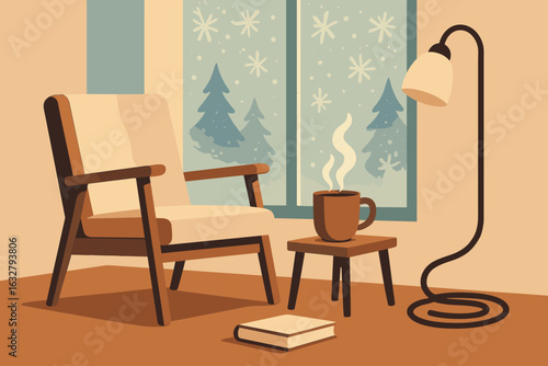 Cozy corner with armchair, warm drink, and snowy window view creates a peaceful winter atmosphere