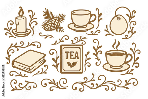 Decorative tea-themed illustrations featuring cups, a candle, and a book in a whimsical design style