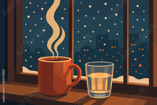 Cozy winter evening with a steaming cup of coffee and a glass of water near a window with snow