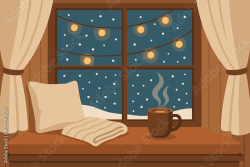 Cozy winter scene with warm drink and soft blanket by window at night