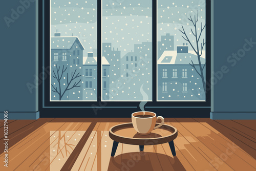 Cozy winter morning with a steaming cup of coffee by the window in a snowy urban landscape
