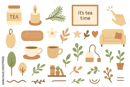 Enjoying a cozy tea time with soft colors and charming elements for relaxation and comfort at home