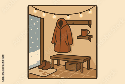 Cozy winter entryway with warm tones, a coat rack, snow outside, and soft lighting in a welcoming atmosphere