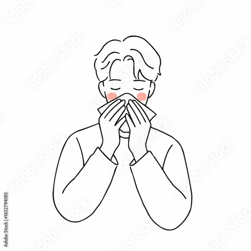 Young man covering his face with tissue while feeling unwell  