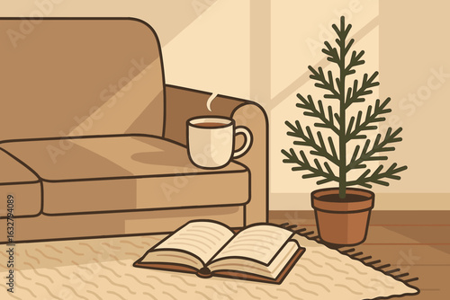 Cozy living room featuring a warm drink and a small potted tree during a quiet afternoon