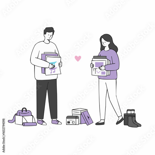 Couple separating belongings while holding boxes and smiling  