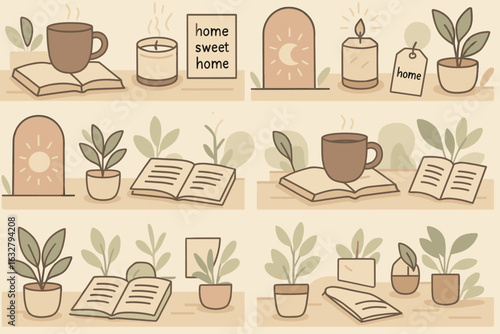 Cozy setup for a relaxing reading time at home with plants and candles