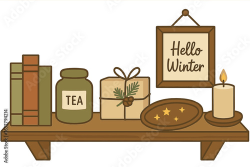 Winter decor display on a wooden shelf featuring books, tea, and seasonal items for a cozy atmosphere