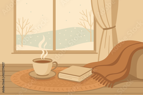 Warm cozy winter afternoon with steaming cup of coffee, book, and soft blanket by window in quiet setting