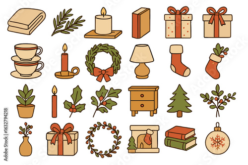 Festive symbols of winter including gifts, greenery, and cozy decorations displayed in a vibrant arrangement for the holiday season