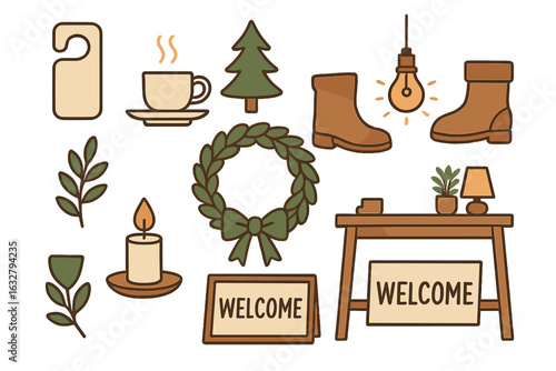 Decor elements featuring welcome signs, cozy items, and nature motifs ideal for home aesthetic and warm inviting atmosphere