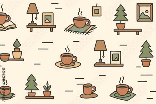 Cozy interior design elements featuring cups, plants, and lamps in a warm color palette