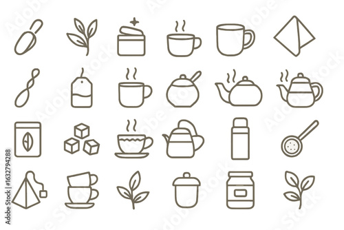 Icons representing various tea and coffee elements with minimalist design for beverage enthusiasts