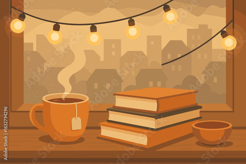 Cozy reading nook with warm tea and books beside a glowing window at twilight