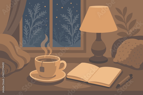 Cozy winter evening with tea, a notebook, and warm ambiance by the window