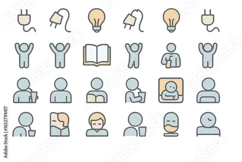 Various simple icons representing concepts such as energy, learning, and human emotions displayed on a light background