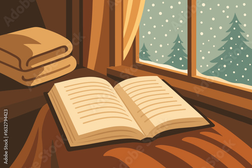Cozy winter scene with an open book and warm blankets by a snowy window in a comfortable cabin setting