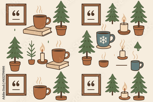 Cozy winter home decor featuring warm drinks, candles, and pine trees in a charming design layout