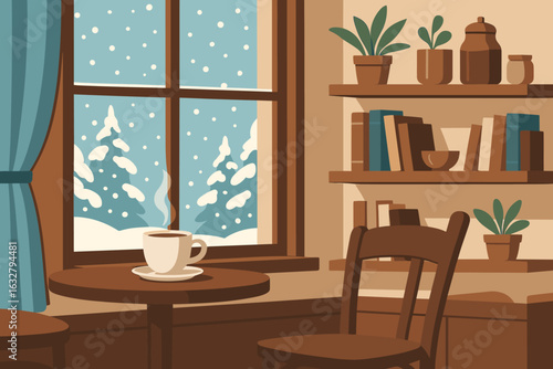 Cozy coffee shop interior with winter scenery visible through a snowy window